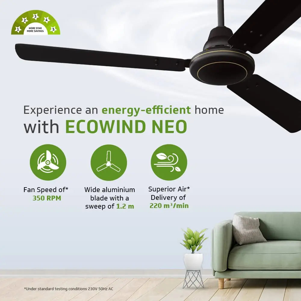 V-Guard Ecowind Neo BLDC மோட்டார் சீலிங் ஃபேன் 1200 மிமீ (மேட் பிரவுன்)