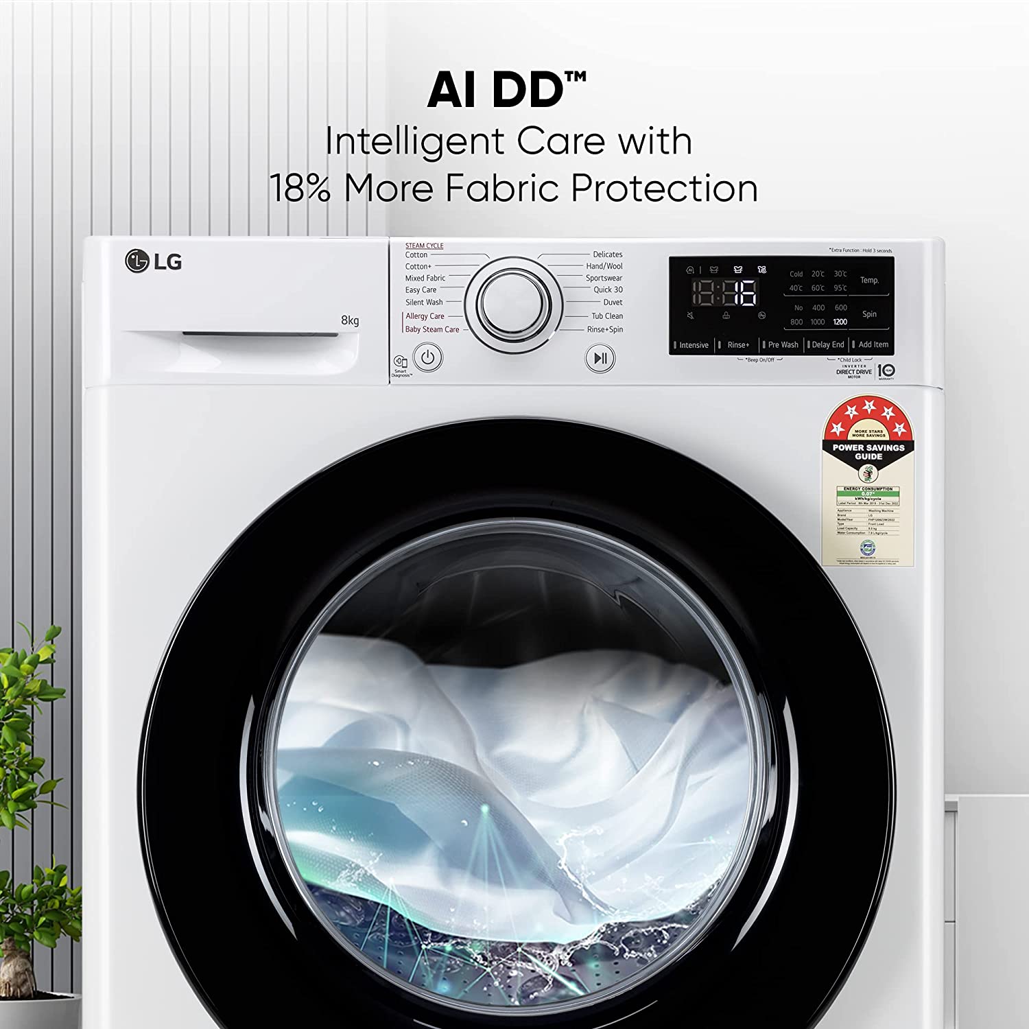 LG 8 Kg 5 Star Inverter Fully-Automatic Front Loading Washing Machine with Inbuilt heater (FHP1208Z3W, Blue White, AI DD Technology & Steam for Hygiene)