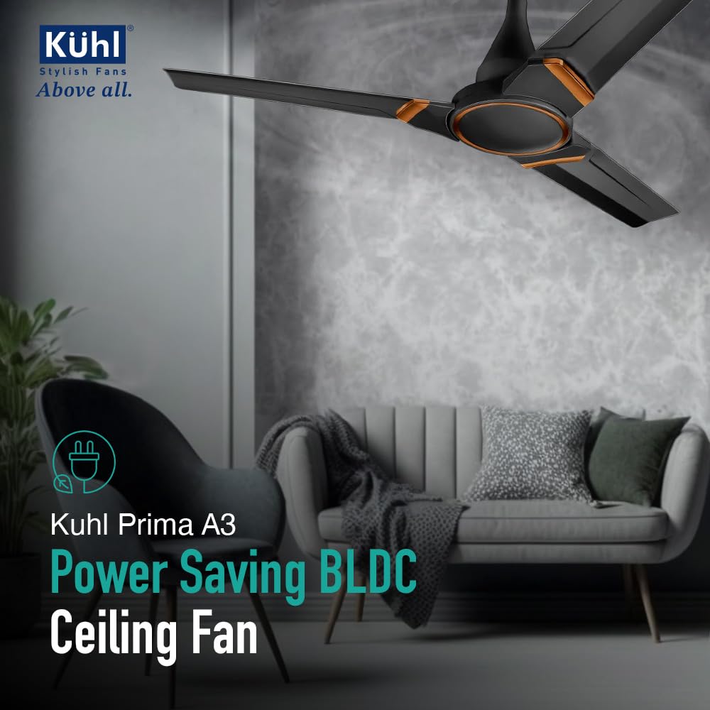 KUHL Prima A3 1200mm BLDC Ceiling Fan with Remote | INR 300 Off on Exchange | 5-Star Rated | High Airflow | Saves up to 65% Electricity | 5-Year Warranty | Black