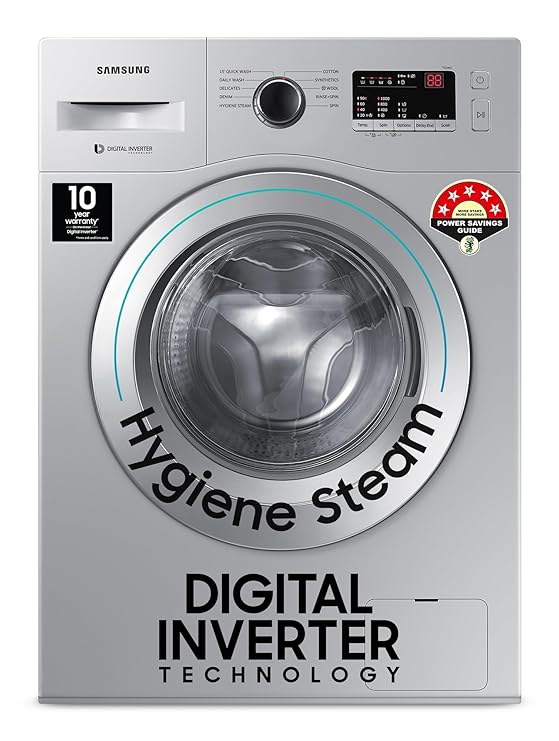 Samsung 7 KG, 5 star, Hygiene Steam with Inbuilt Heater, LED Display, Diamond Drum, Fully-Automatic Front Load Washing Machine with 20 years warranty on Digital Inverter(WW70R20GLSS/TL, DA SILVER)