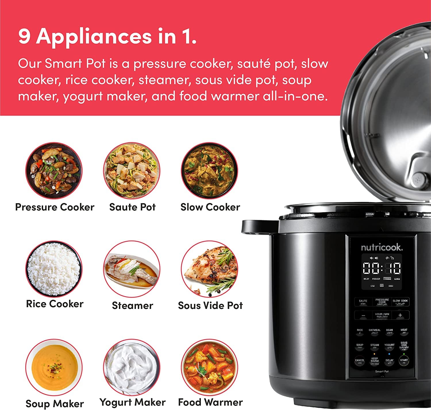 Nutricook Smart Pot 1000W: 9-in-1 Electric Pressure Cooker with Smart Lid