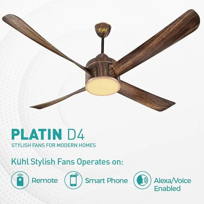KUHL Platin D4, Teakwood, Stylish BLDC Fan |5 Star Rated| Low Power 38W |High Air Flow| Low Noise|4 Aerodynamic ABS Blade| Down Light | 1500 mm Sweep| Operate on Remote - Mobile - Alexa |Reverse Mode