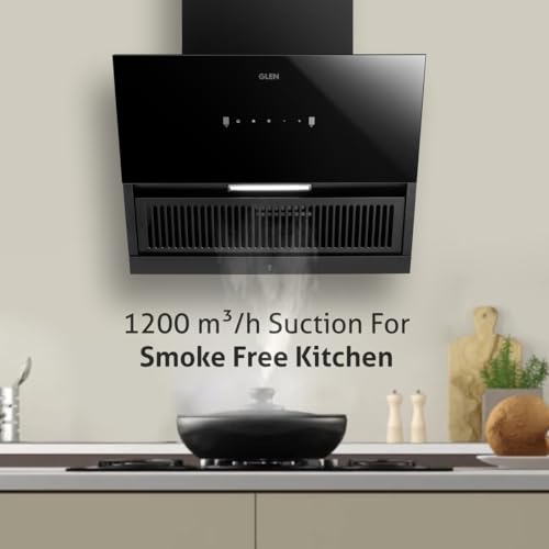 GLEN 60 cm 1200 m3/hr Auto-Clean Filterless Angular Glass Kitchen Chimney (Hood Neo Ex,Touch+Motion Sensor Controls,Black)